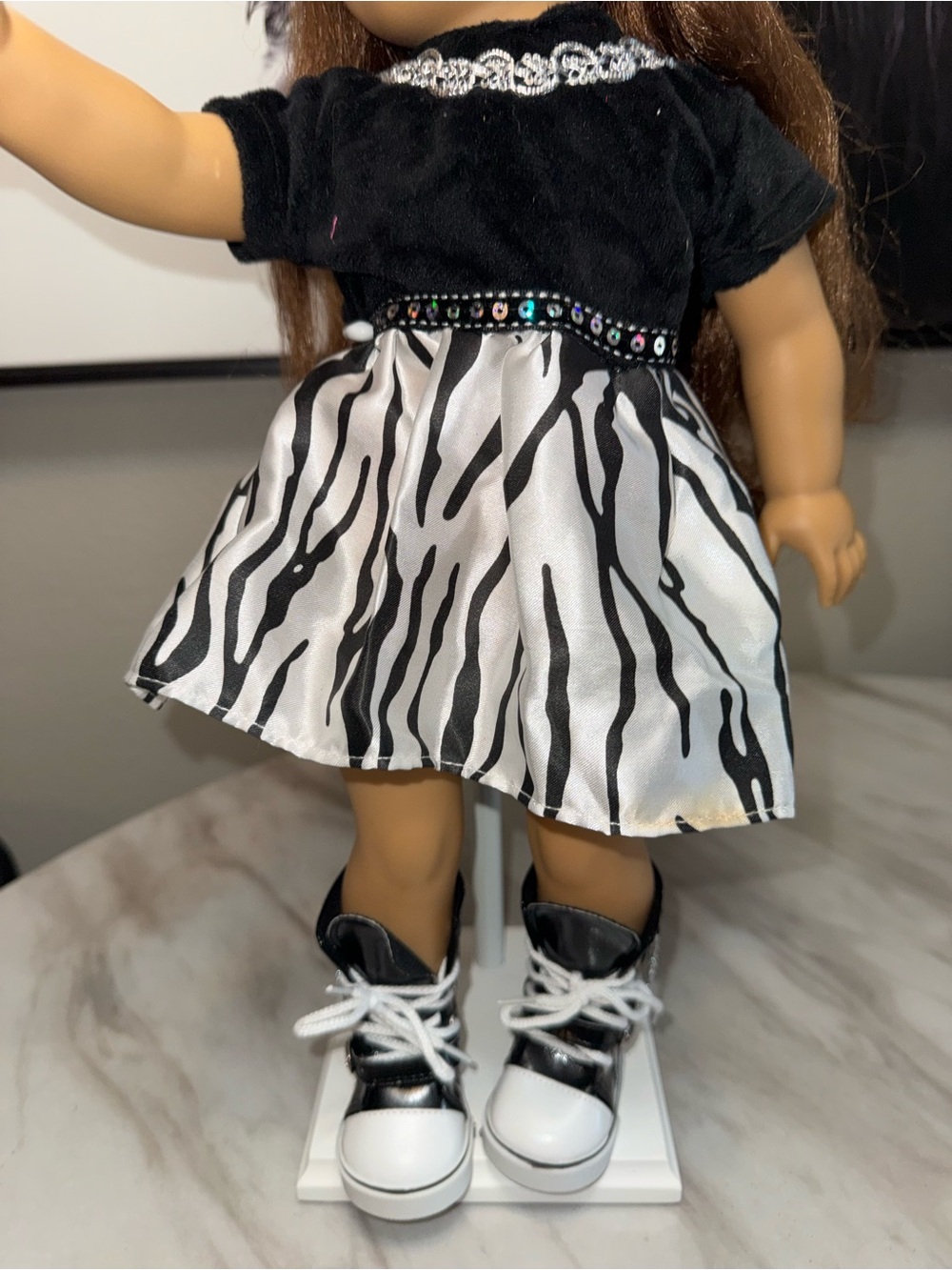 18” dolls black velvet top white black skirt high top black tennis shoes